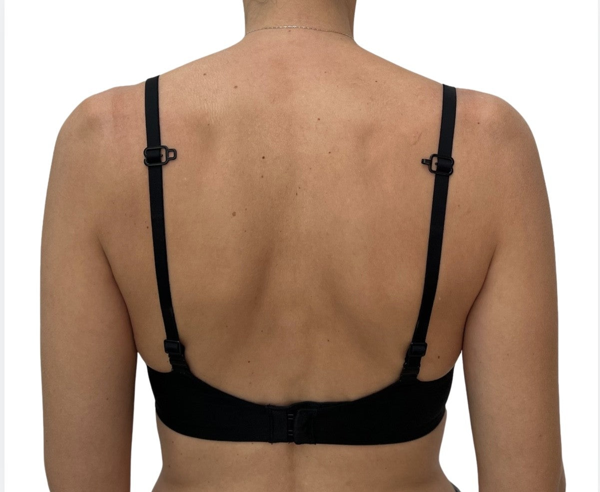 THE GOOD HOOK two-piece bra converter clip in BLACK before it has been hooked together.