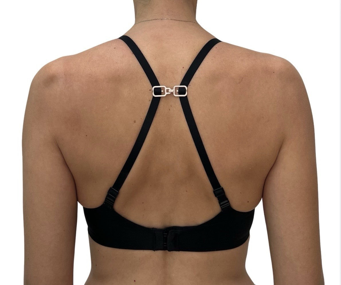 THE GOOD HOOK two-piece bra converter clip in BEIGE after it has been hooked together.