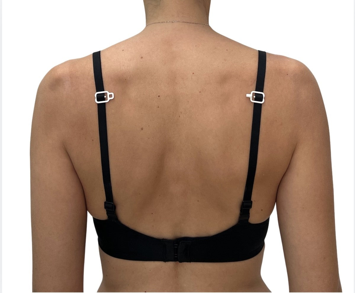 THE GOOD HOOK two-piece bra converter clip in WHITE before it has been hooked together.