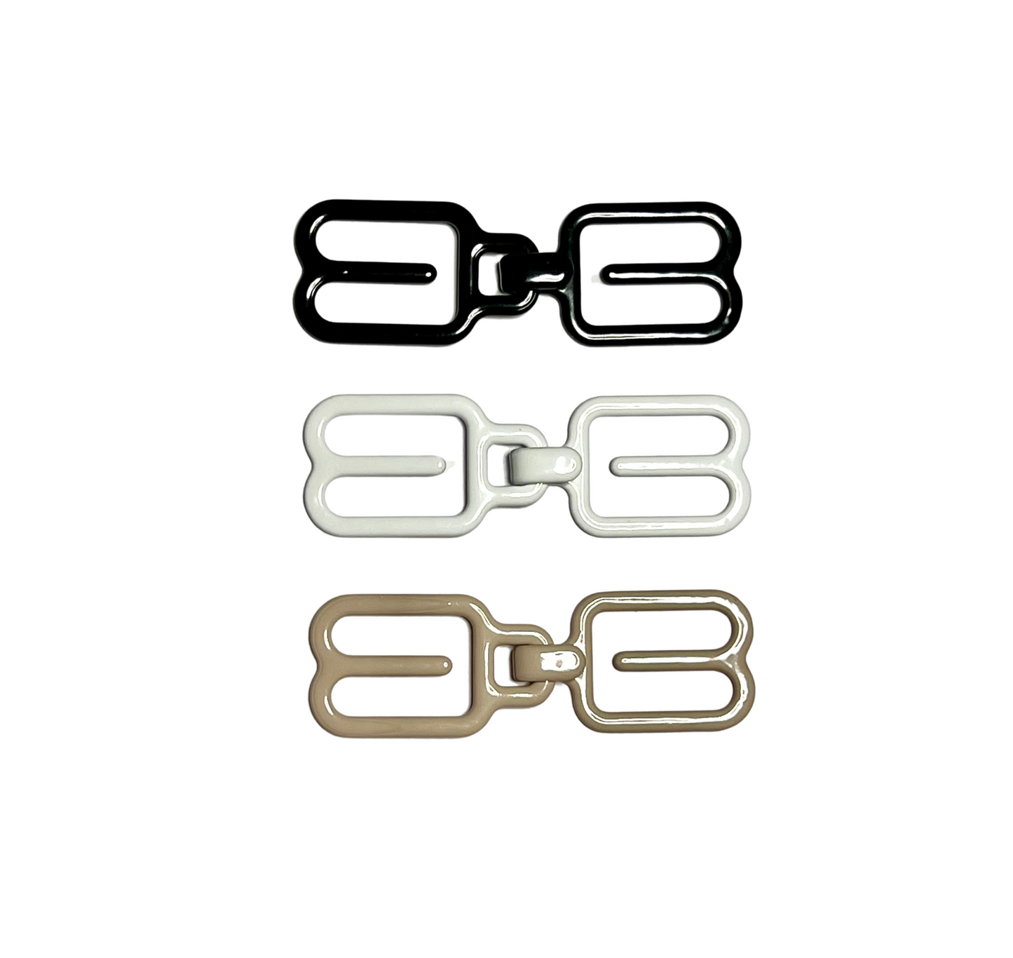 A pack of THE GOOD HOOK two-piece bra converter clips containing 3 clips in 3 different colours - black, white and beige.