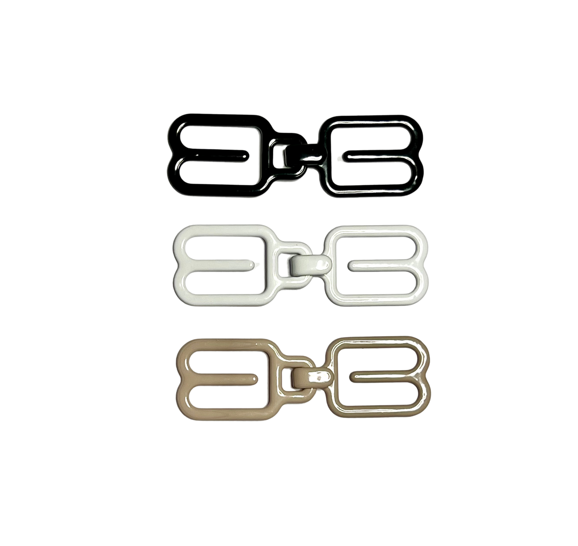 A pack of THE GOOD HOOK two-piece bra converter clips containing 3 clips in 3 different colours - black, white and beige.  