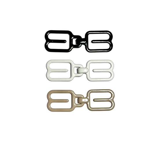 A pack of THE GOOD HOOK two-piece racerback bra converter clips containing 3 clips in 3 different colours - black, white and beige.  