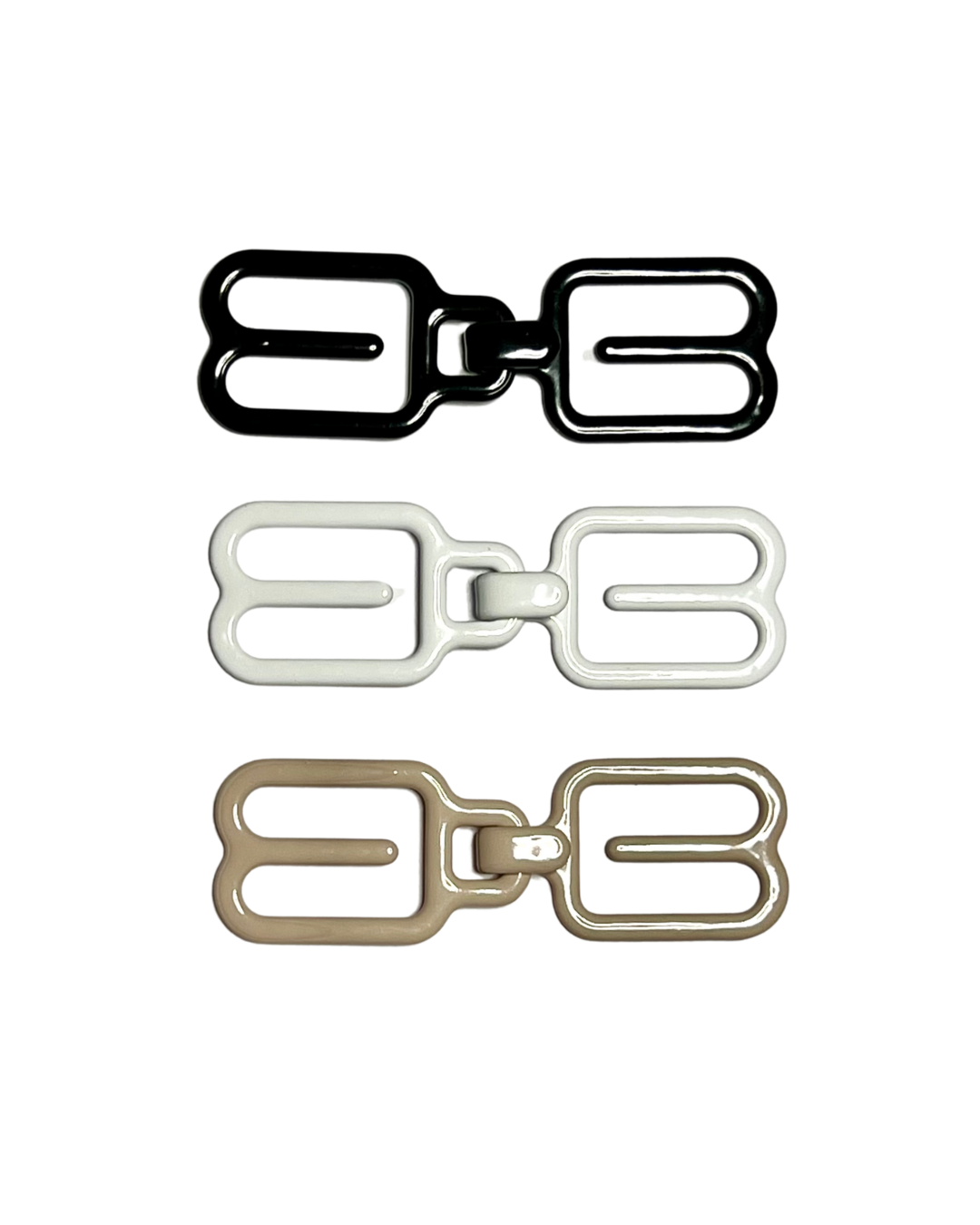 3-pack of THE GOOD HOOK two-piece racerback bra converter clips in size NARROW in black, white and beige.