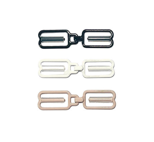 3-pack of THE GOOD HOOK two-piece racerback bra converter clips in size WIDE in black, white and beige.